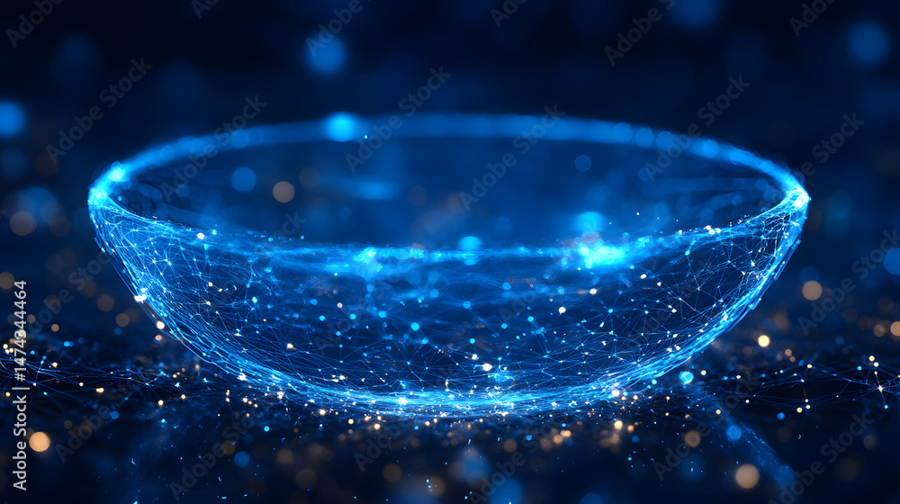 Poster Futuristic network visualization featuring interconnected blue lines forming a bowl shape. Golden bokeh lights create depth and contrast against the dark background. Abstract wireframe in dark blue.