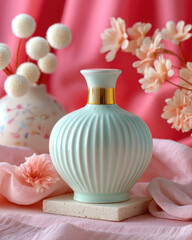 Obraz premium Pastel-green ribbed vase with gold accent, styled with delicate flowers and soft fabrics on a pink background