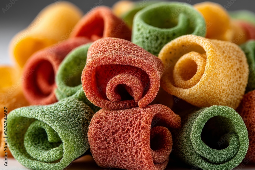 Poster colorful rolls of fruit-flavored candies displayed in a close-up arrangement on a neutral background