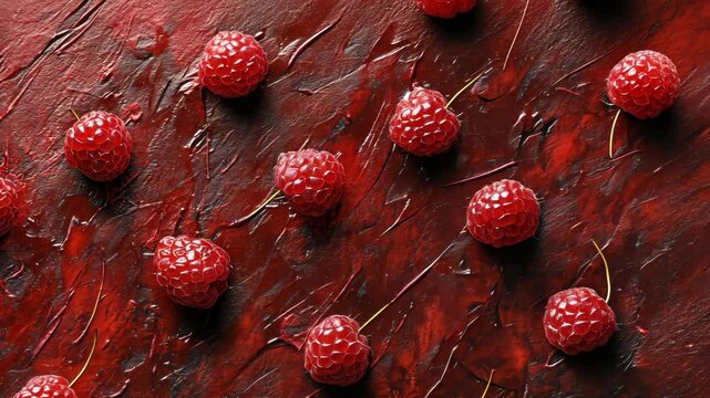 Close-up of ripe red raspberries on a textured dark red background. Artistic composition. Food and nature concept for design and print.