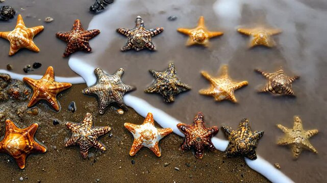 A set of neatly arranged seashells on the beach