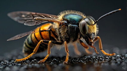 Stunning macro photograph of a vibrant bee showcasing intricate details and textures.
