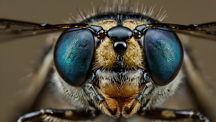 Naklejka premium Stunning macro shot of a bee face showcasing intricate details and vibrant colors.
