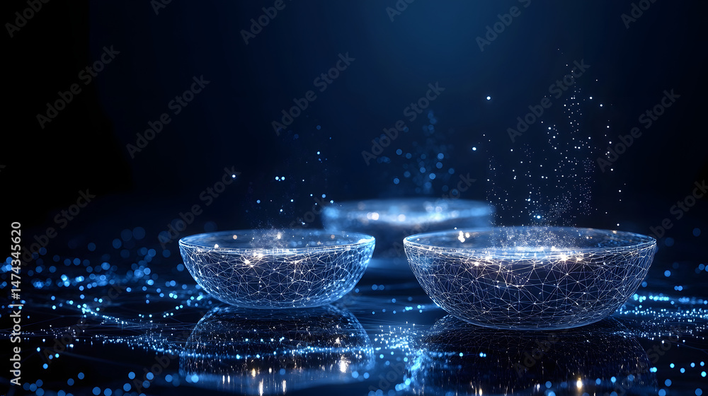 Aufkleber three glass bowls showcase intricate white line networks against a dark blue backdrop. reflections m