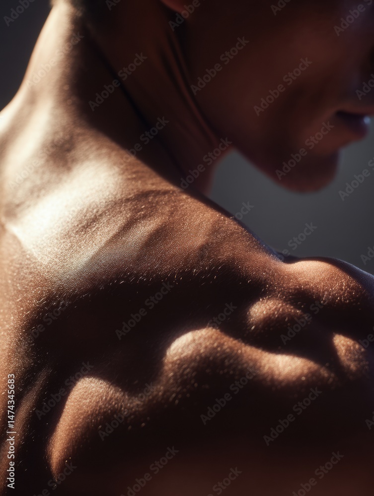 Aufkleber close-up view of shoulder muscles under tension showcasing soft shadows and detailed muscle definiti