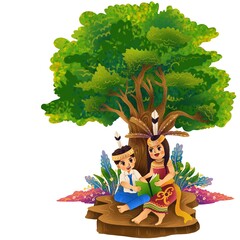Illustration of a Dayak mother and child studying under a tree