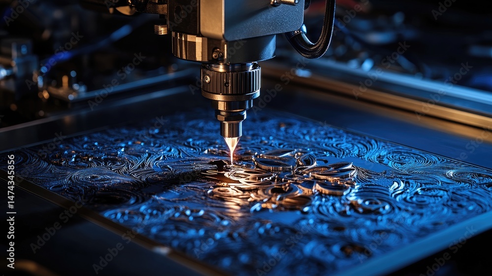 Poster closeup of high-tech laser manufacturing with intricate patterns and glowing engraving process