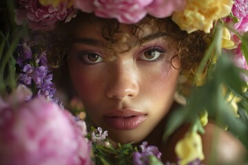 Obraz premium Close-up portrait of a young woman surrounded by flowers.