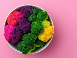 Vibrant assortment of colorful broccoli varieties arranged in a bowl against a pink backdrop showcasing their unique textures and rich nutrient potential for healthy living