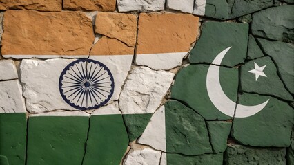 Rough stone wall with half India and half Pakistan flag symbolizing divided identity and border tensions.
