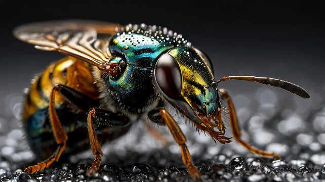 Stunning macro shot of a vibrant, iridescent jewel wasp insect against a dark backdrop.