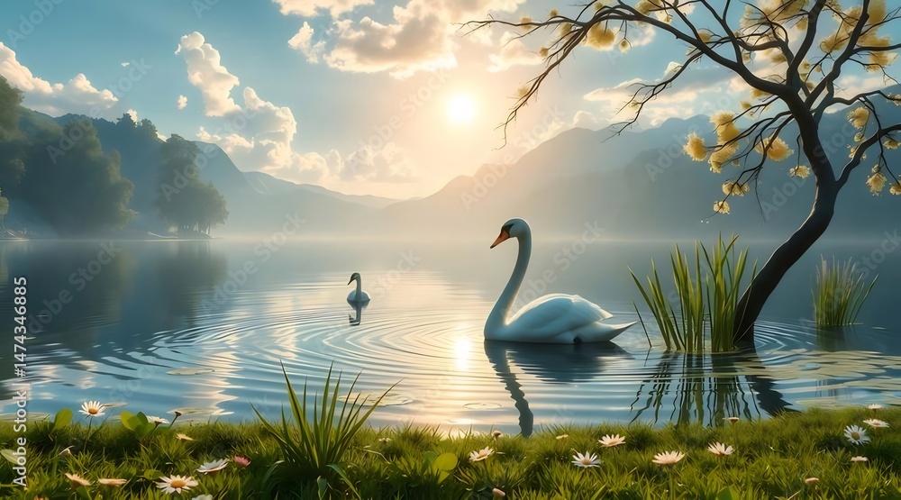 Poster 平和な湖の風景と白鳥と柔らかな太陽光 日本の静かな湖の白い鳥と草花と山々がある穏やかな背景と水面反射
