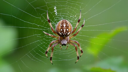 Brown and White Spider on Intricate Web, Green Nature Background