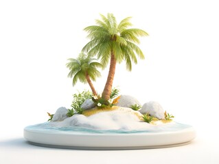 Obraz premium Serene 3D Cartoon Tropical Island with Palm Tree and Ocean Waves for Paradise Escape