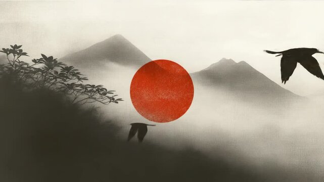 The flag of Japan, the red sun on the background of a mountain range. Japanese foggy landscape. Abstract animation with Asian views of the hills.