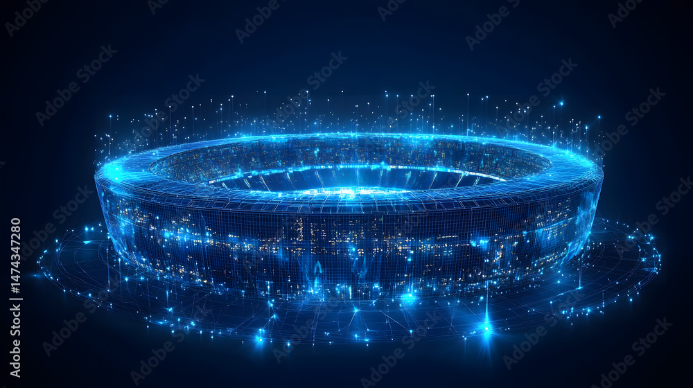 Aufkleber futuristic stadium concept rendered in glowing blue wireframes evokes advanced technology. data stre