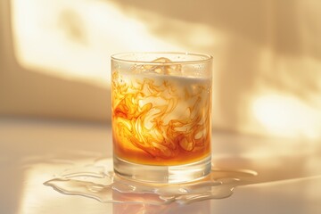 Glass of Thai iced tea with condensed milk. Refreshing summer drink. Tropical beverage. Background, wallpaper	

