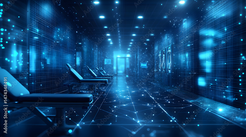 Poster futuristic room with a blue digital design. grid walls, glowing spheres, and lounge chairs create a 