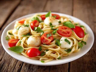 Freshly prepared pasta dish with cherry tomatoes and mozzarella served on rustic wooden table showcasing culinary artistry and healthy dining appeal captured with clarity