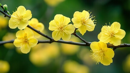Obraz premium Yellow plum blossoms on a branch with a bokeh background, a spring concept, decoration design. With text space.