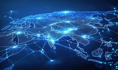 Fototapeta premium Glowing particle-based digital world map with connecting lines on dark background.