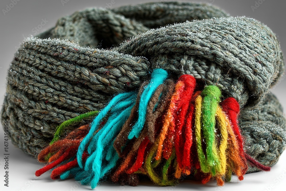 Poster Cozy knitted scarf with colorful fringe resting on a surface