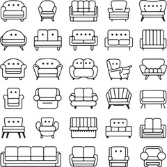 A collection of sofa and couch vector icons, displayed in various styles and designs.