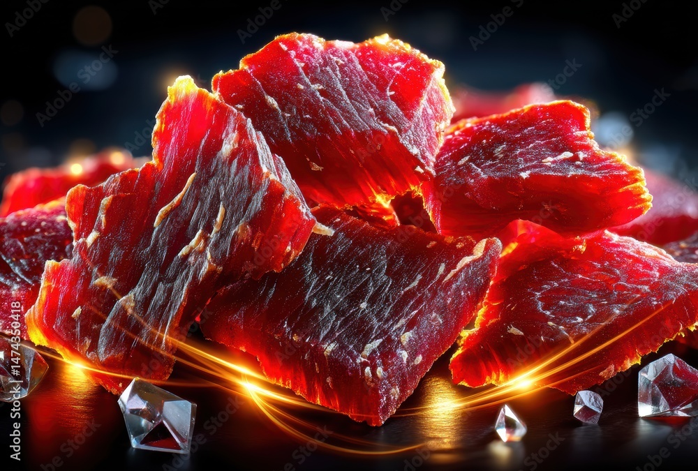 Poster vibrant close-up of raw meat slices showcasing texture and color on a dark background with sparkling