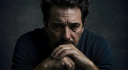 Obraz premium Close-up Portrait of Sad Middle-Aged Hispanic Man Crying in Darkness