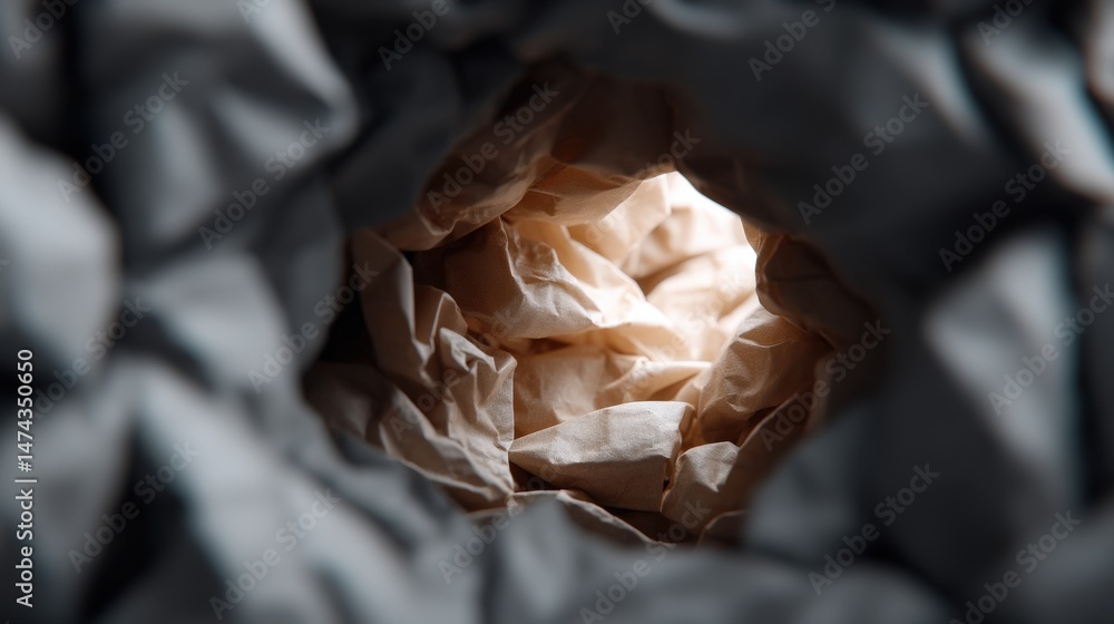 Poster inner view of crumpled paper creating a fascinating abstract scene illuminated by soft light reveali