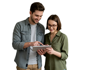 young couple holding a tablet on transparent