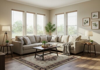 Fototapeta premium Bright living room with large sectional sofa, area rug, and natural light from multiple windows