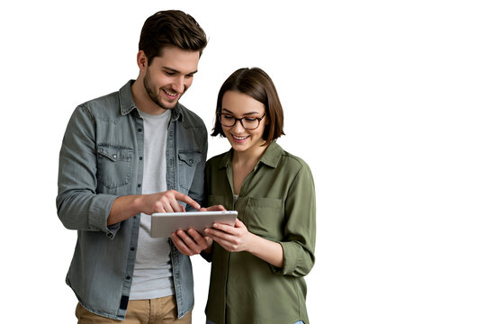 young couple holding a tablet on transparent