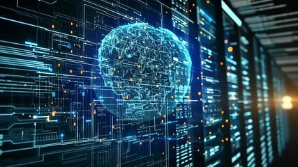 Futuristic digital brain visualization amidst server racks with glowing data streams and technology - Powered by Adobe