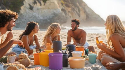 Happy beachgoers enjoying a colorful picnic.