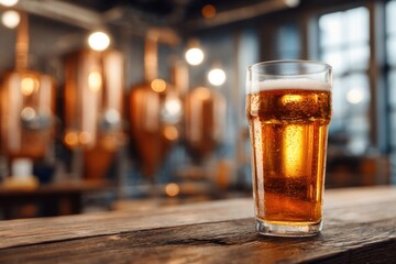 Pint of golden beer on wooden table in brewery with copper tanks and soft lighting close up