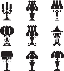 A collection of black silhouette illustrations of vintage style table lamps vector on white background