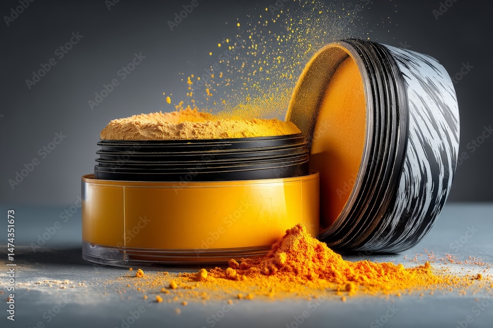 Poster colorful turmeric powder in a round container showcasing spices and vibrant hues on a gray backdrop 