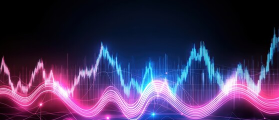 Fototapeta premium Colorful digital sound waves and glowing lines on a dark background, representing audio, frequency, or technology concepts.