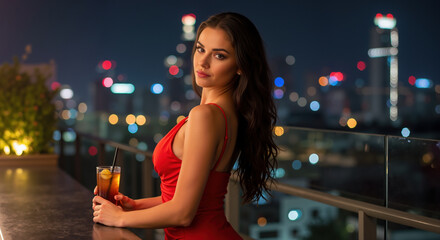 Woman in red dress holding cocktail at rooftop bar with nighttime city skyline backdrop. Elegant evening setting creates luxury atmosphere for high-end hospitality and urban nightlife promotions