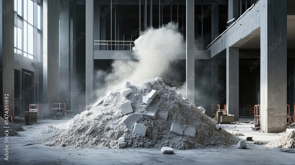 Poster dusty heap of crushed concrete surrounded by a skeletal remains of a construction site