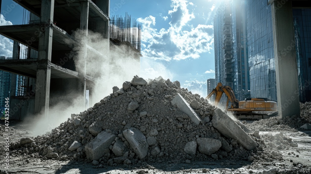 Poster dusty heap of crushed concrete surrounded by a skeletal remains of a construction site