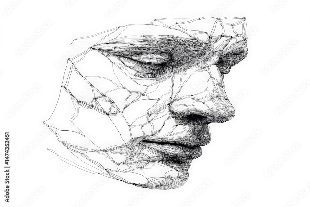 Poster intricate line art representation of a serene human face with abstract details