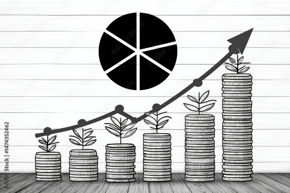 Aufkleber Growth of investments represented by coins and plants on a graph showcasing progress in a business environment