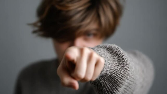 Person with tousled hair in cozy sweater points directly at camera, conveying emotion through focused gesture and expression in soft indoor setting.