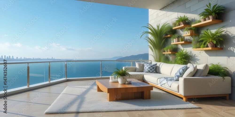 Poster 現代的なベランダからの海の眺め 白いソファと植物の装飾が施されたコンクリートの壁が特徴の豪華な屋外生活空間