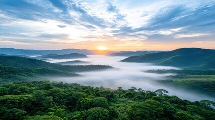 Fototapeta premium Lush green hills covered in morning mist with a vibrant sunrise breaking over the horizon.