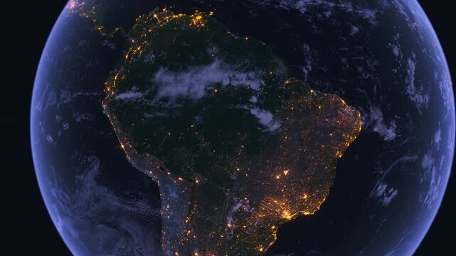 Planet Earth at Night. South America. View from Space Orbit. Globe