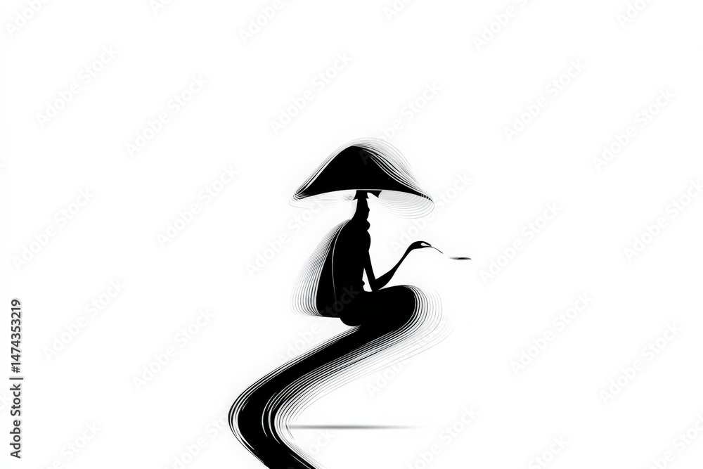 Aufkleber Elegant silhouette of a figure meditating under a large hat with flowing lines in an abstract style