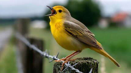 Singing bird perched on a fence post